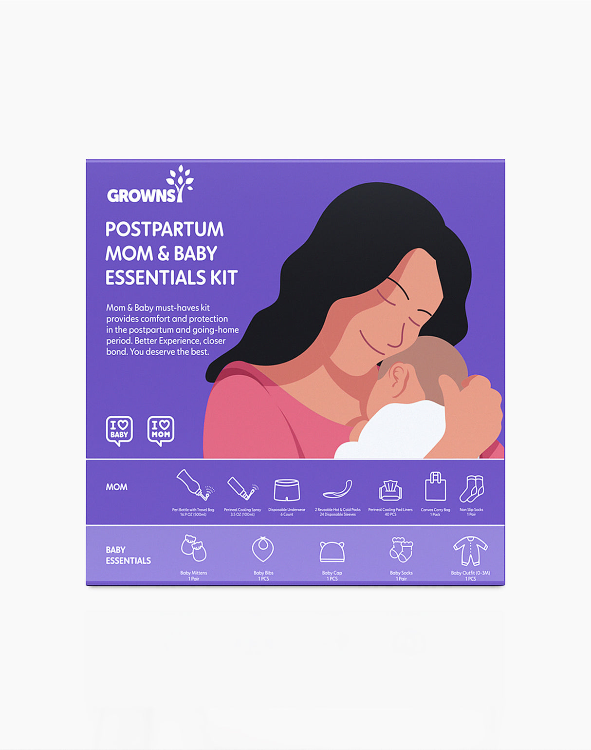 GROWNSY Postpartum Mom & Baby Essentials Kit packaging featuring mom holding baby, mom and baby icons. Ideal for new mothers.