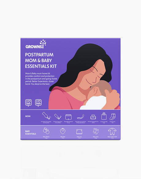 GROWNSY Postpartum Mom & Baby Essentials Kit packaging featuring mom holding baby, mom and baby icons. Ideal for new mothers.