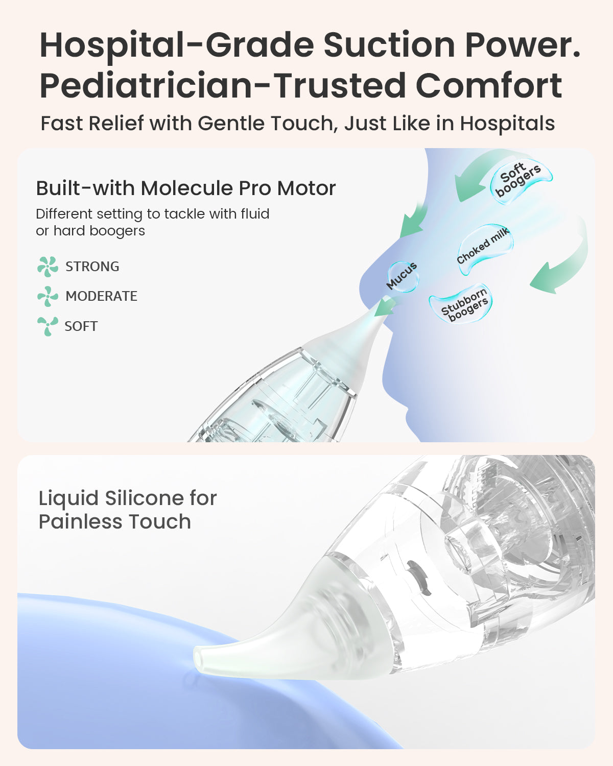 Grownsy nasal aspirator: adjustable suction, 3 power settings, gentle silicone tip for effective, painless mucus removal.