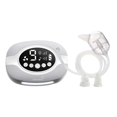 GROWNSY electric baby nasal aspirator with digital display, clear collection chamber, and three silicone tips.