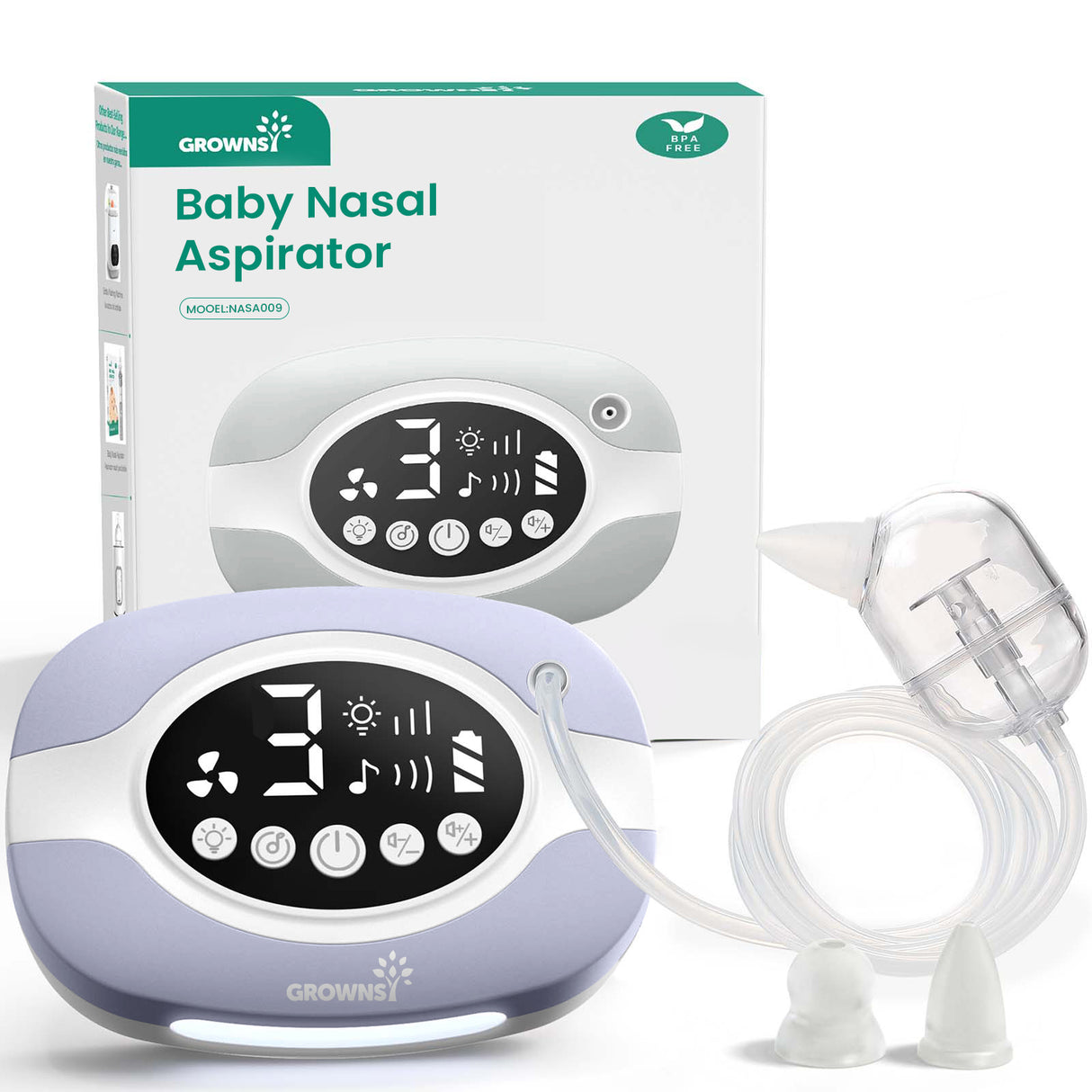 GROWNSY baby nasal aspirator purple with digital display and silicone nozzle, shown with packaging.
