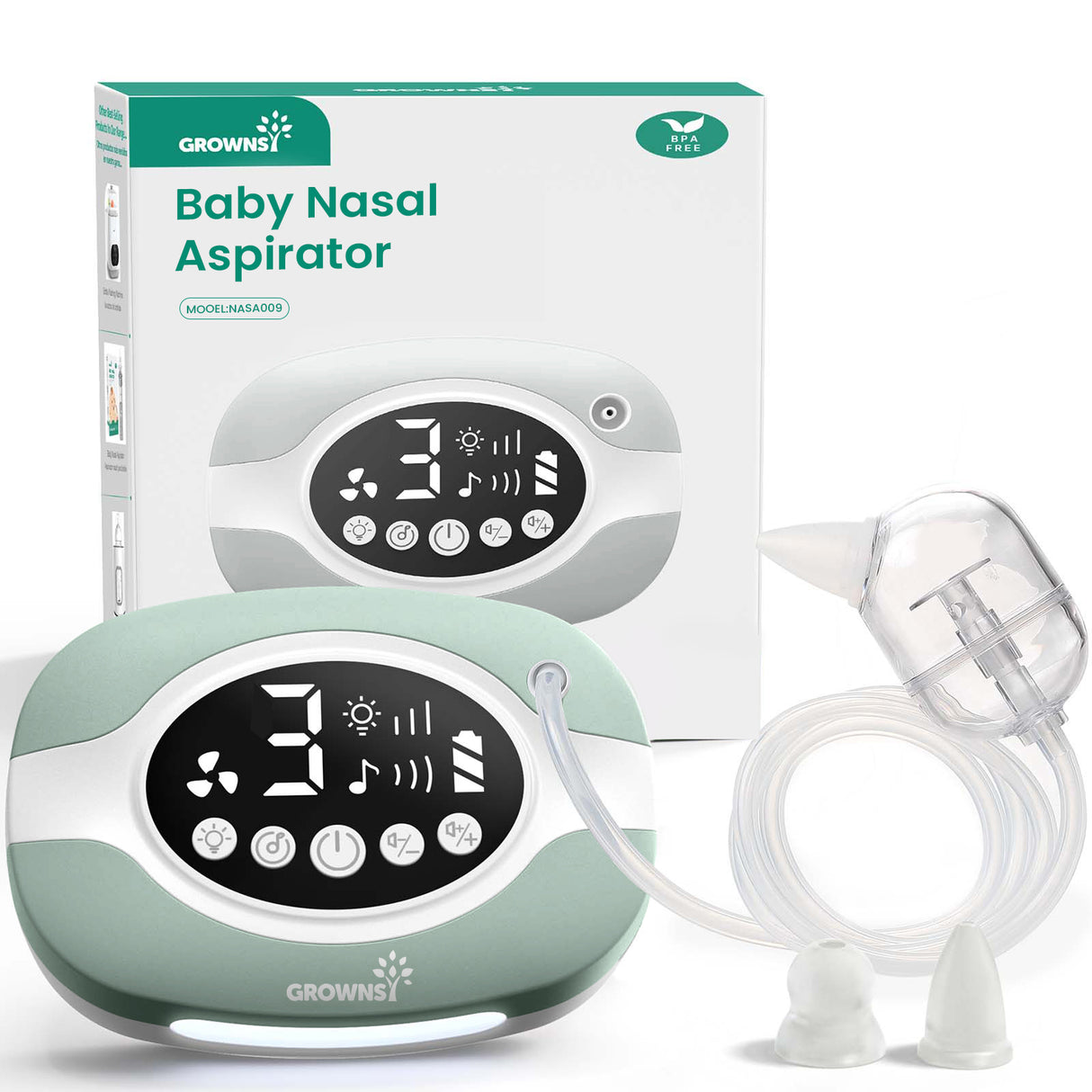 GROWNSY green baby nasal aspirator with digital screen and accessories. USB rechargeable, gentle suction for infants.