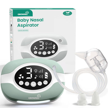 GROWNSY green baby nasal aspirator with digital screen and accessories. USB rechargeable, gentle suction for infants.