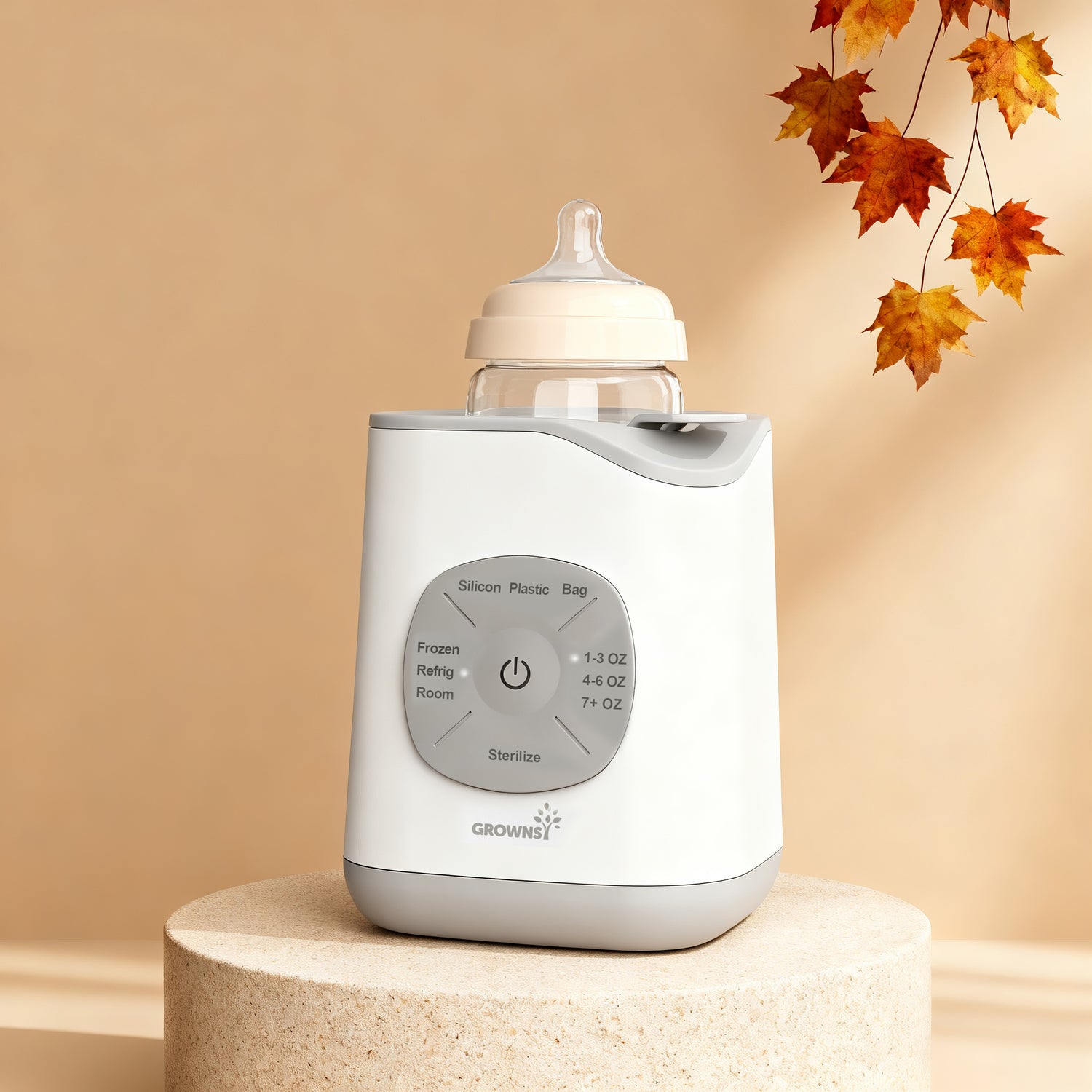 GROWNSY white and gray 10-in-1 baby bottle warmer and sterilizer with digital controls.