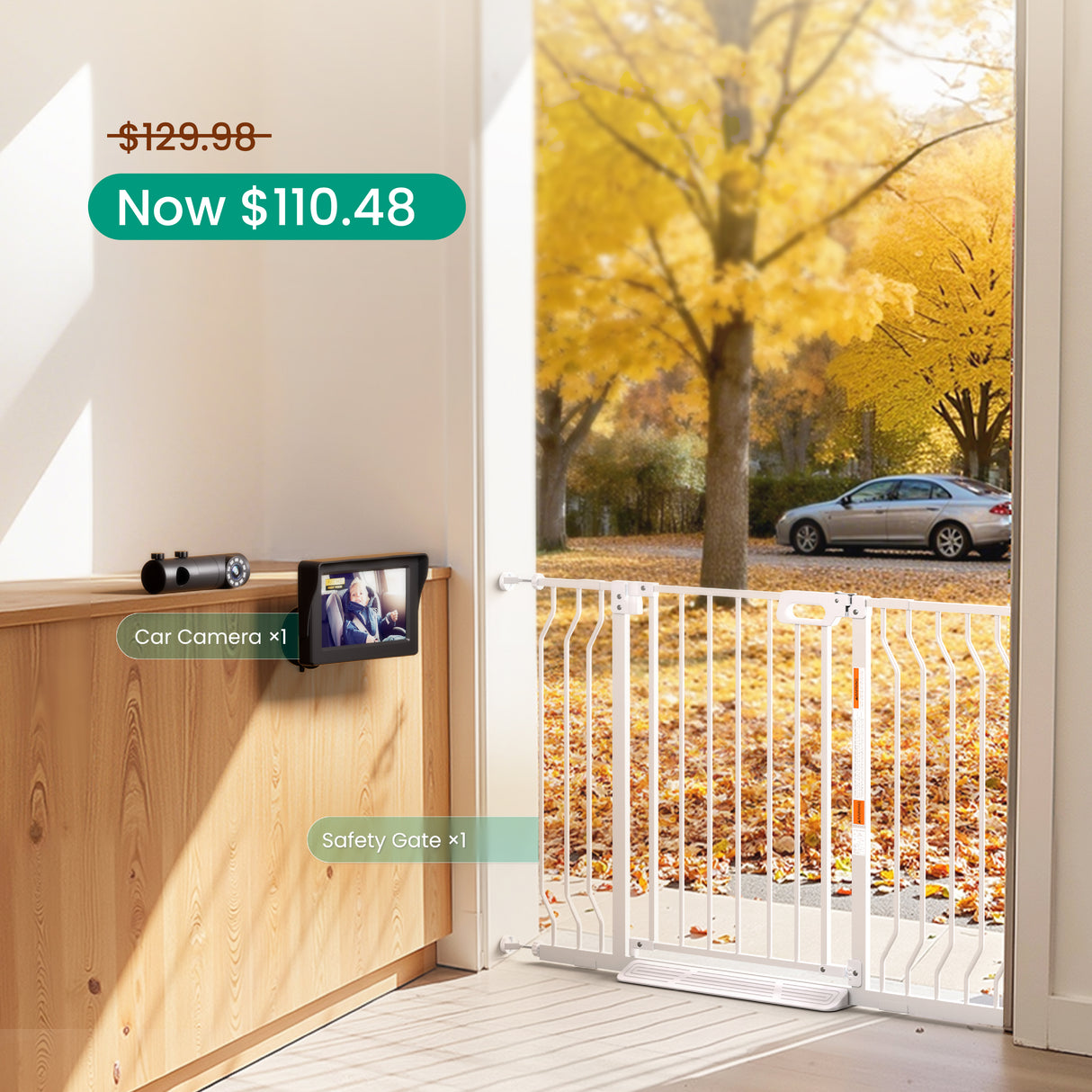 Baby safety gate and car camera bundle for home safety. White gate blocks doorway, black camera on wooden surface.