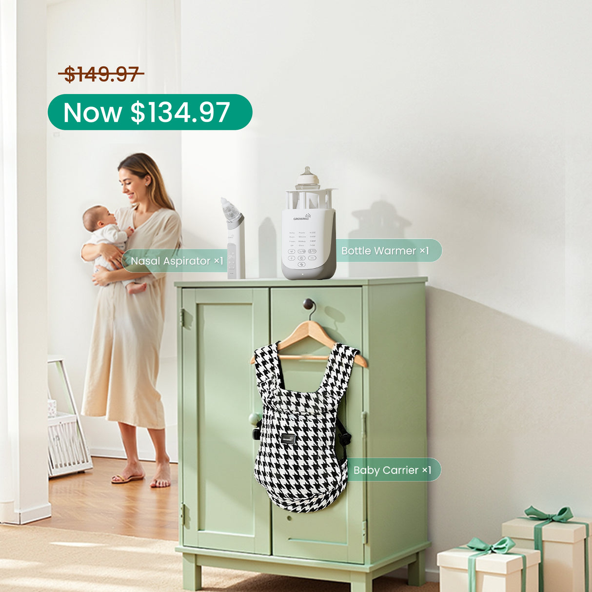 Newborn Welcome Bundle with baby carrier, nasal aspirator, bottle warmer, and woman holding baby, now $134.97.