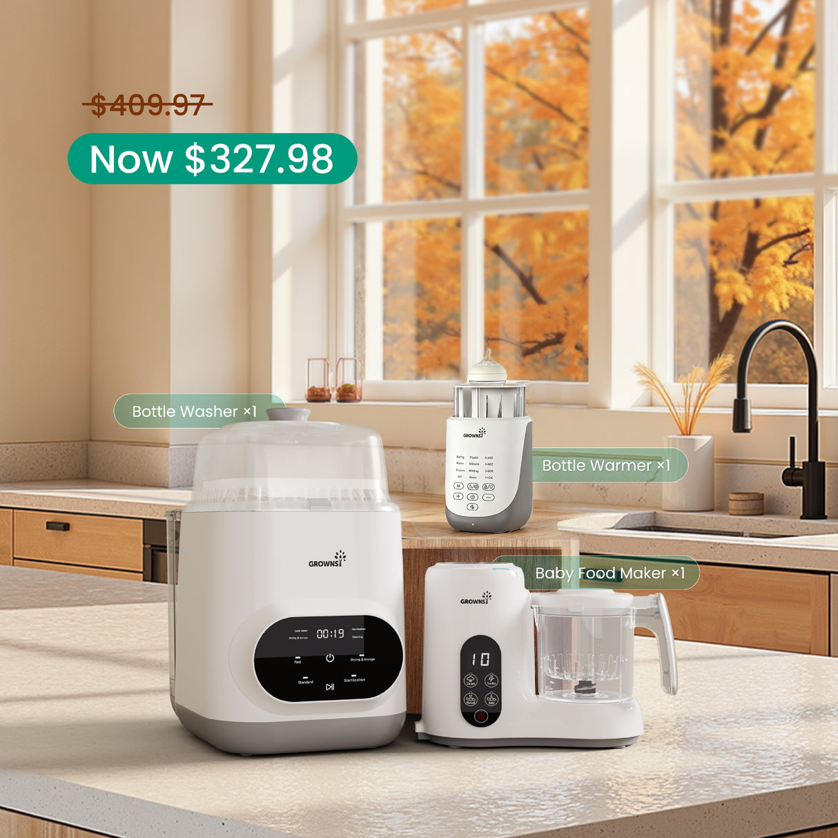 Feeding Essentials Bundle: white bottle washer, bottle warmer, and baby food maker on sale for $327.98.