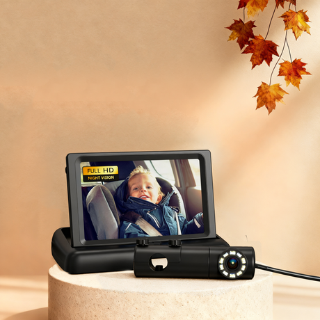 GROWNSY baby car camera with night vision and full HD display showing child in car seat.