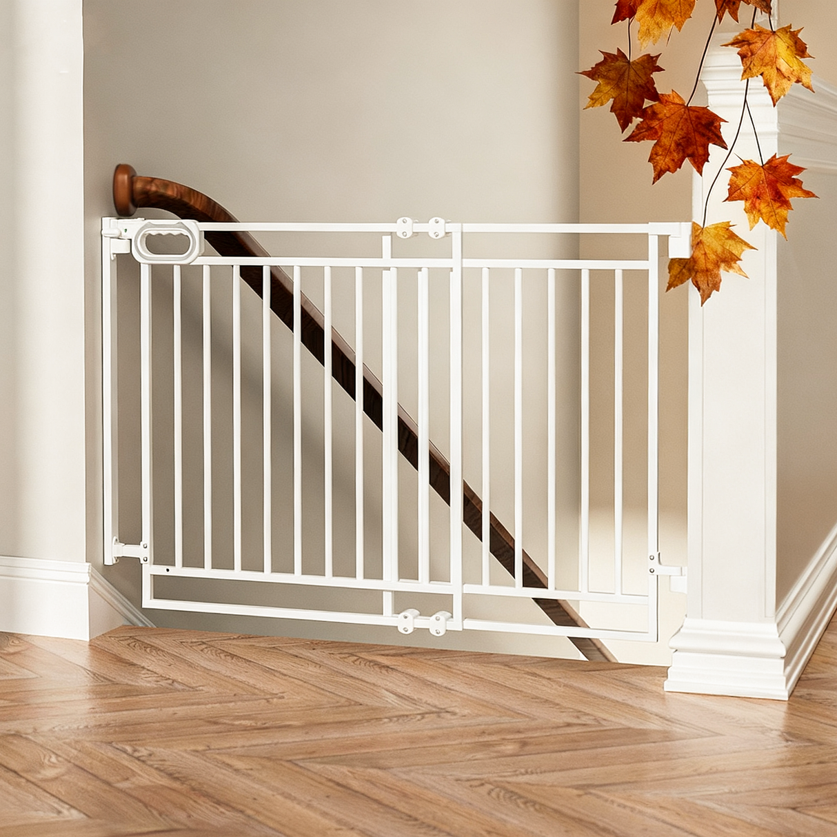 White no bottom bar baby gate installed at top of stairs with one-hand operation handle.