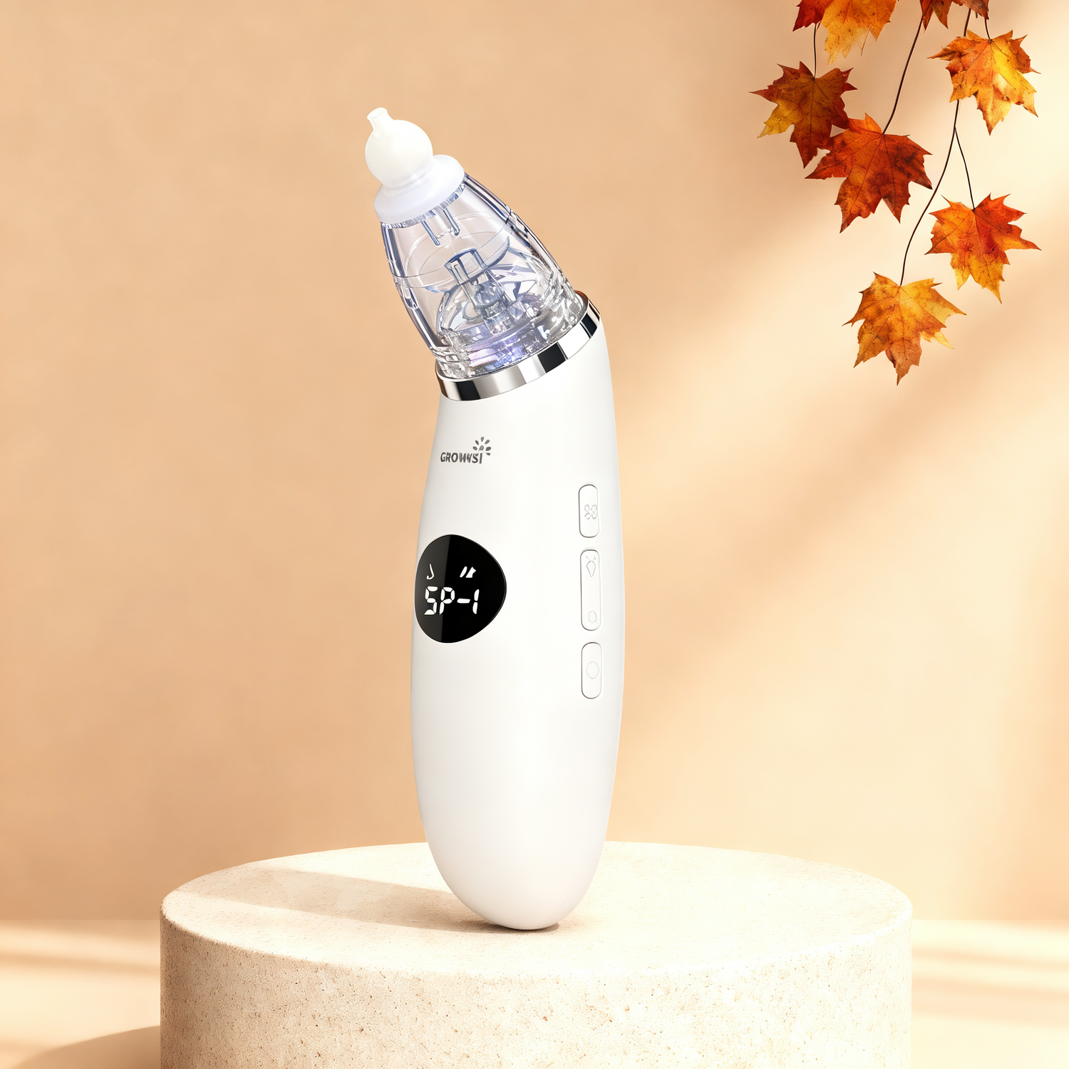 GROWNSY white infant nasal aspirator, 3 suction modes, digital display, transparent collector. Product shot.