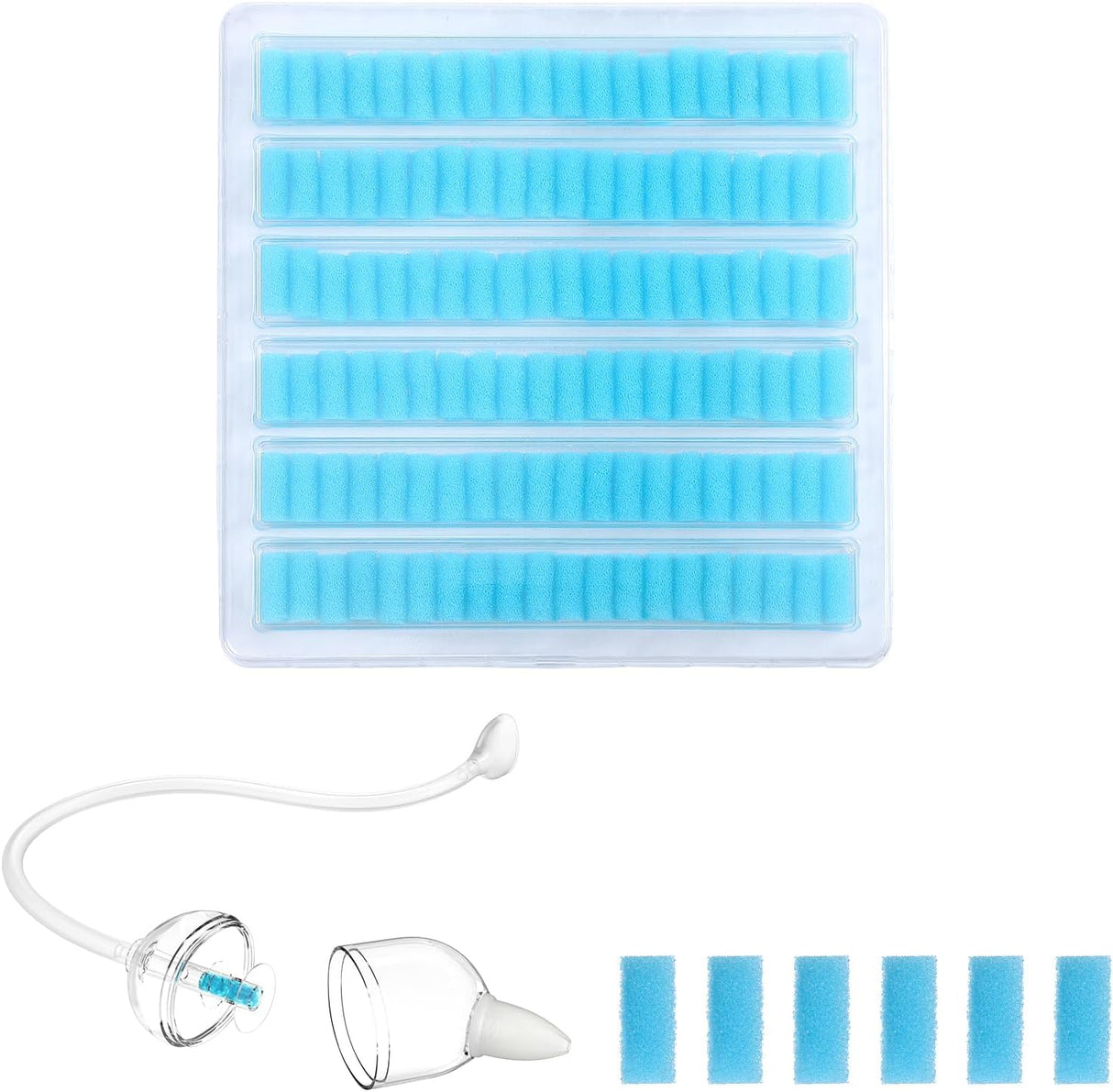 GROWNSY 120 blue foam hygiene filters for nasal aspirator, with disassembled aspirator components shown.