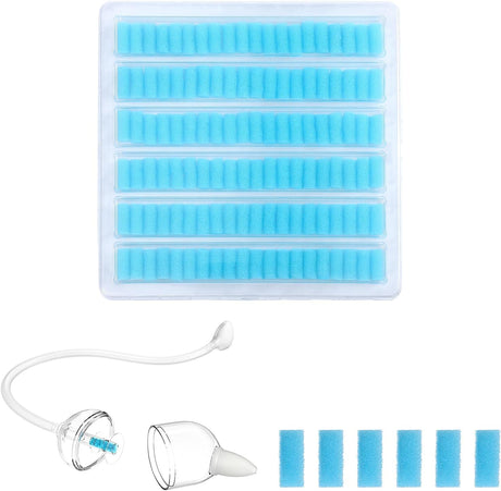 GROWNSY 120 blue foam hygiene filters for nasal aspirator, with disassembled aspirator components shown.