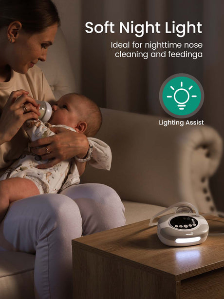 GROWNSY baby nasal aspirator with soft night light, useful for nighttime feeding and nose cleaning.