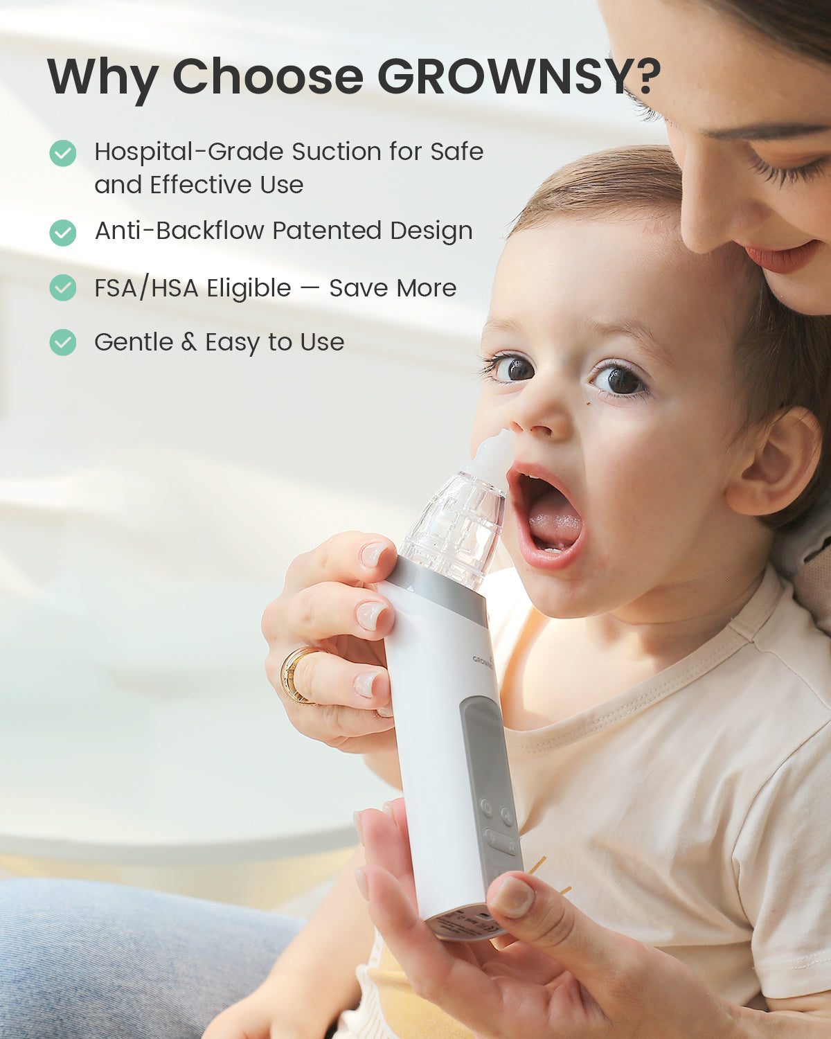 Grownsy nasal aspirator use on baby, featuring hospital-grade suction and anti-backflow design benefits.