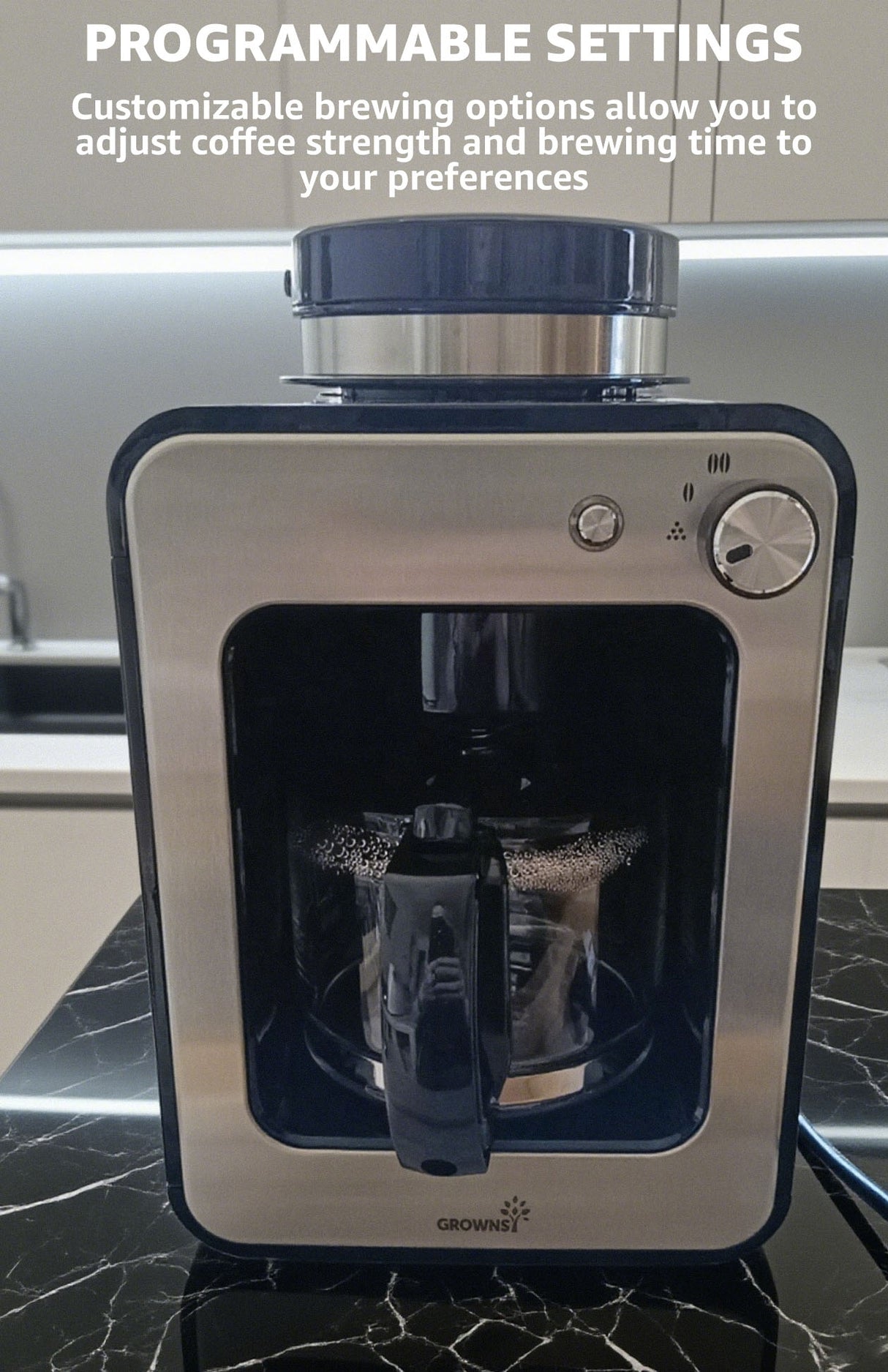 GROWNSY electric coffee maker with programmable settings and glass carafe on a marble countertop.