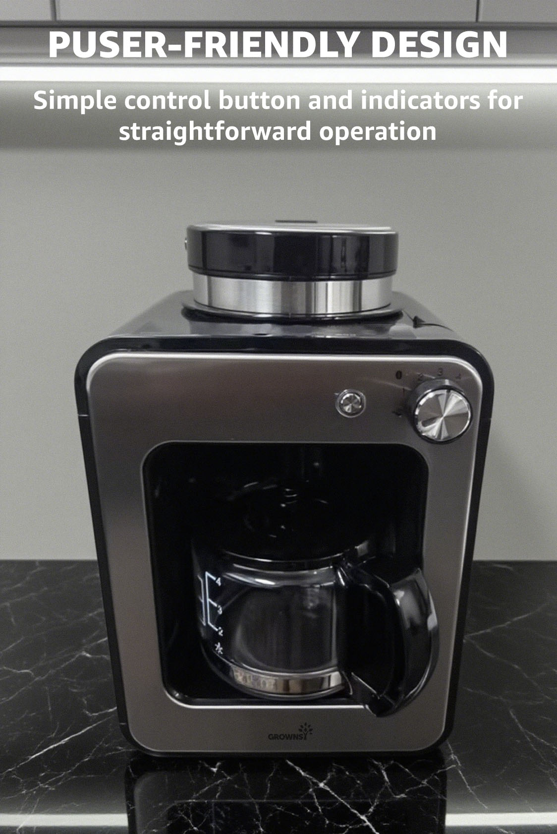 GROWNSY Electric Coffee Machine with automatic brewing, black/stainless steel, glass carafe.