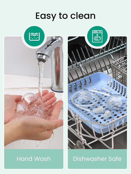 GROWNSY baby nasal aspirator components: hand wash under faucet and dishwasher safe. Easy cleaning illustration.