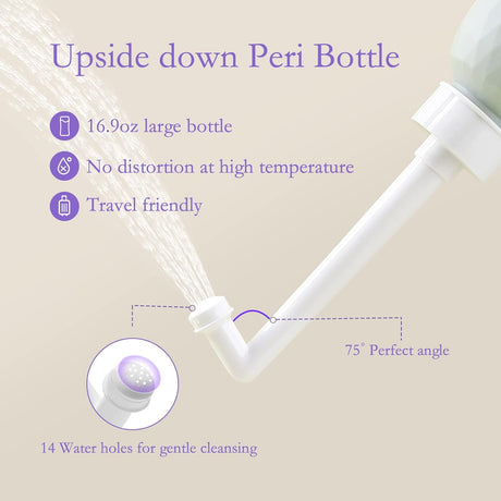 GROWNSY 16.9oz peri bottle with 75° angle and 14 water holes for gentle postpartum cleansing. Travel friendly design.