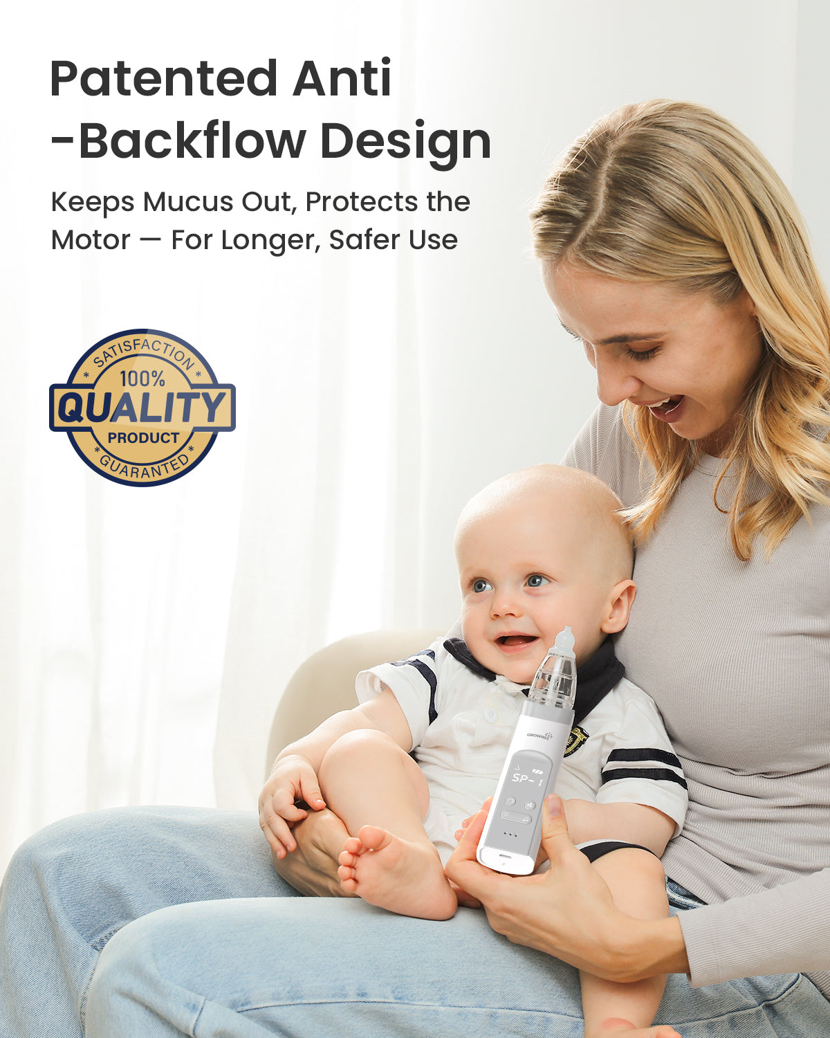 Grownsy nasal aspirator with anti-backflow design used by mother on baby, featuring adjustable suction.