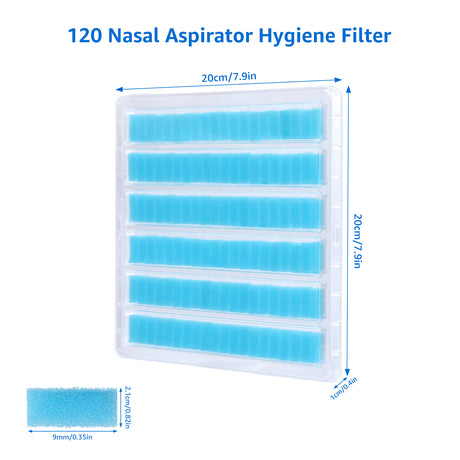 GROWNSY 120 Nasal Aspirator Hygiene Filters in a transparent tray. Blue foam filters designed for hygienic nasal care.