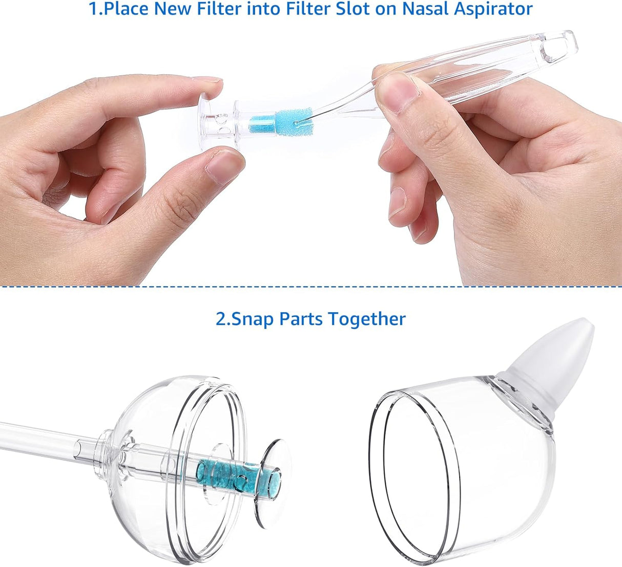 GROWNSY Nasal Aspirator filter replacement guide: Hand inserting blue hygiene filter, clear aspirator parts shown.