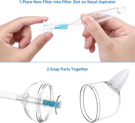 GROWNSY Nasal Aspirator filter replacement guide: Hand inserting blue hygiene filter, clear aspirator parts shown.