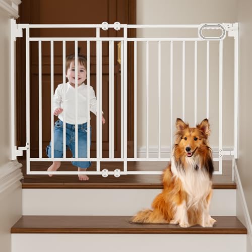 White no bottom bar baby gate on stairs with toddler and dog, one-hand operation handle.