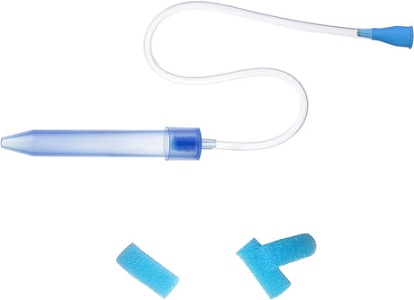 GROWNSY nasal aspirator with transparent tube and blue tip, includes two blue foam hygiene filters for germ-free nasal care.