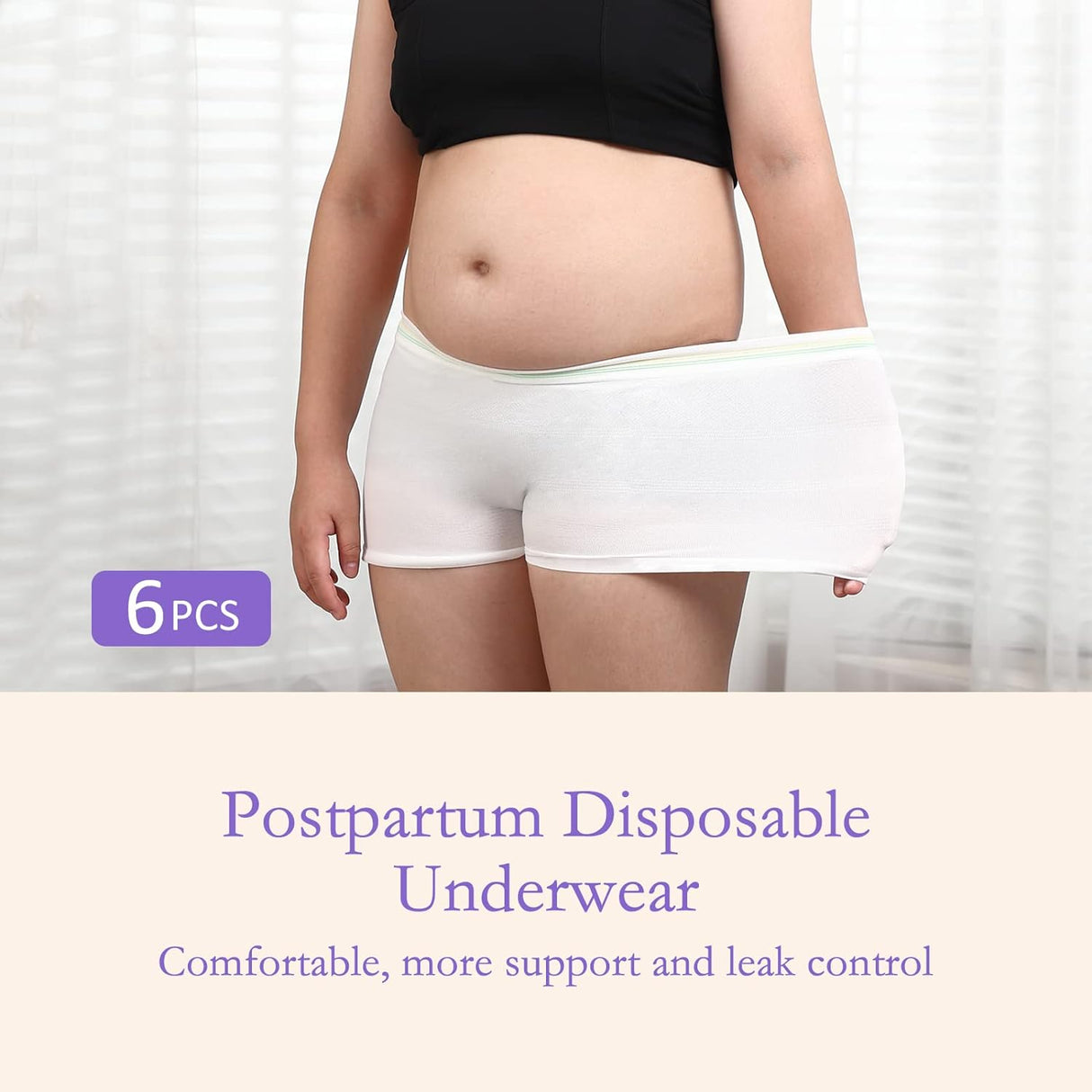 GROWNSY 6-pack disposable postpartum underwear, high-waisted for new moms, showing fit and comfort.