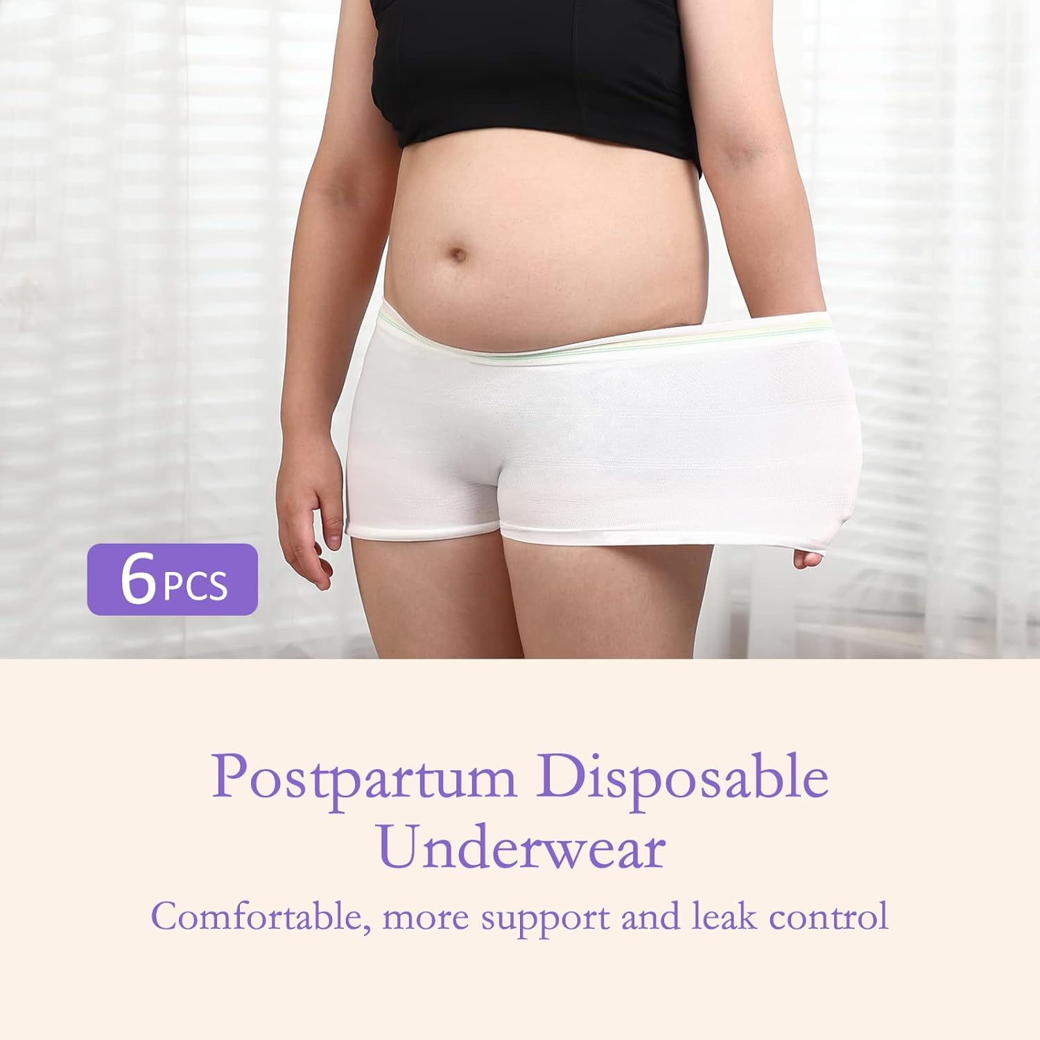 GROWNSY 6-pack disposable postpartum underwear, high-waisted for new moms, showing fit and comfort.