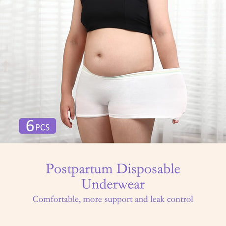 GROWNSY 6-pack disposable postpartum underwear, high-waisted for new moms, showing fit and comfort.