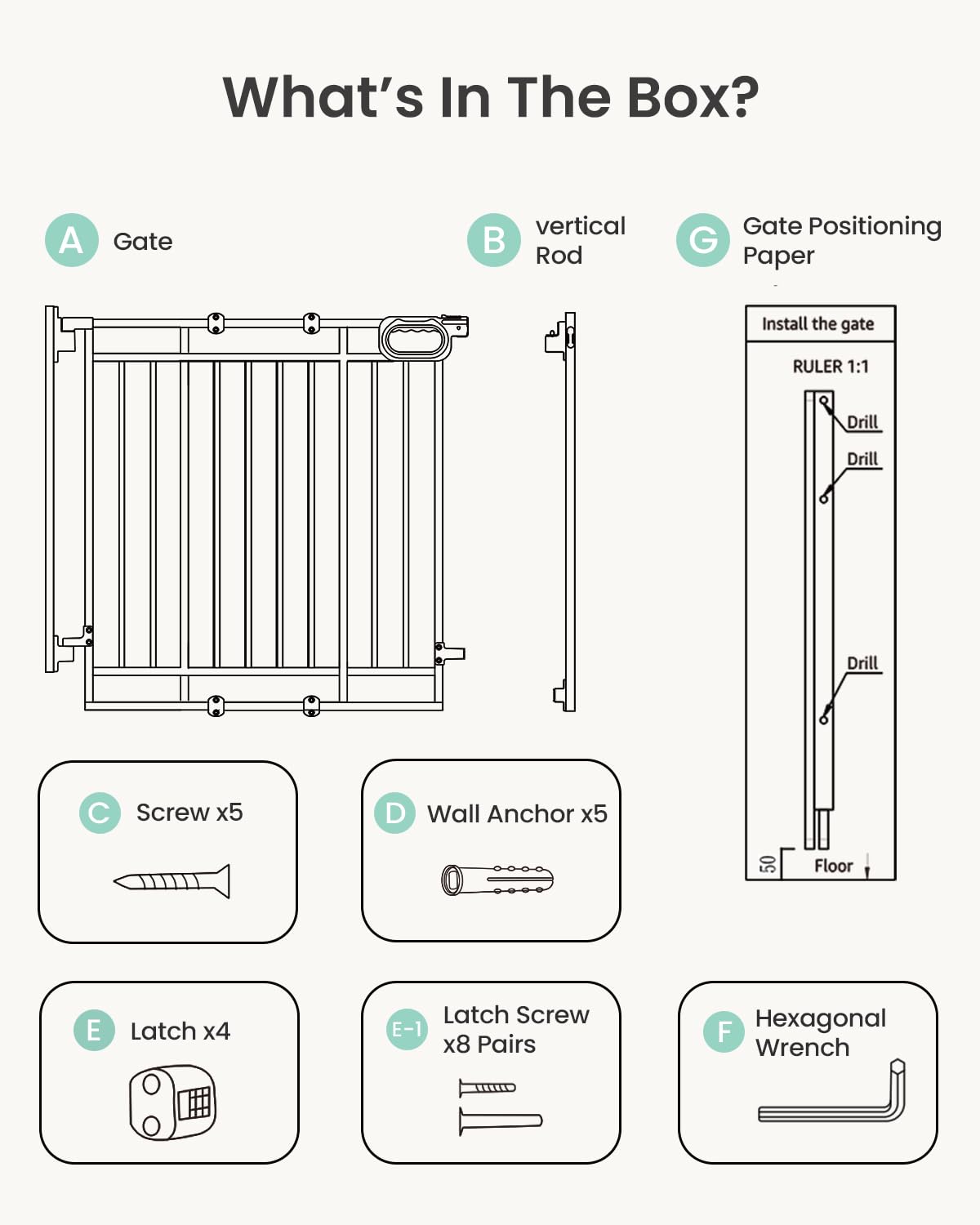 Grownsy baby gate contents diagram: gate, vertical rod, screws, wall anchors, latches, latch screws, and hexagonal wrench.