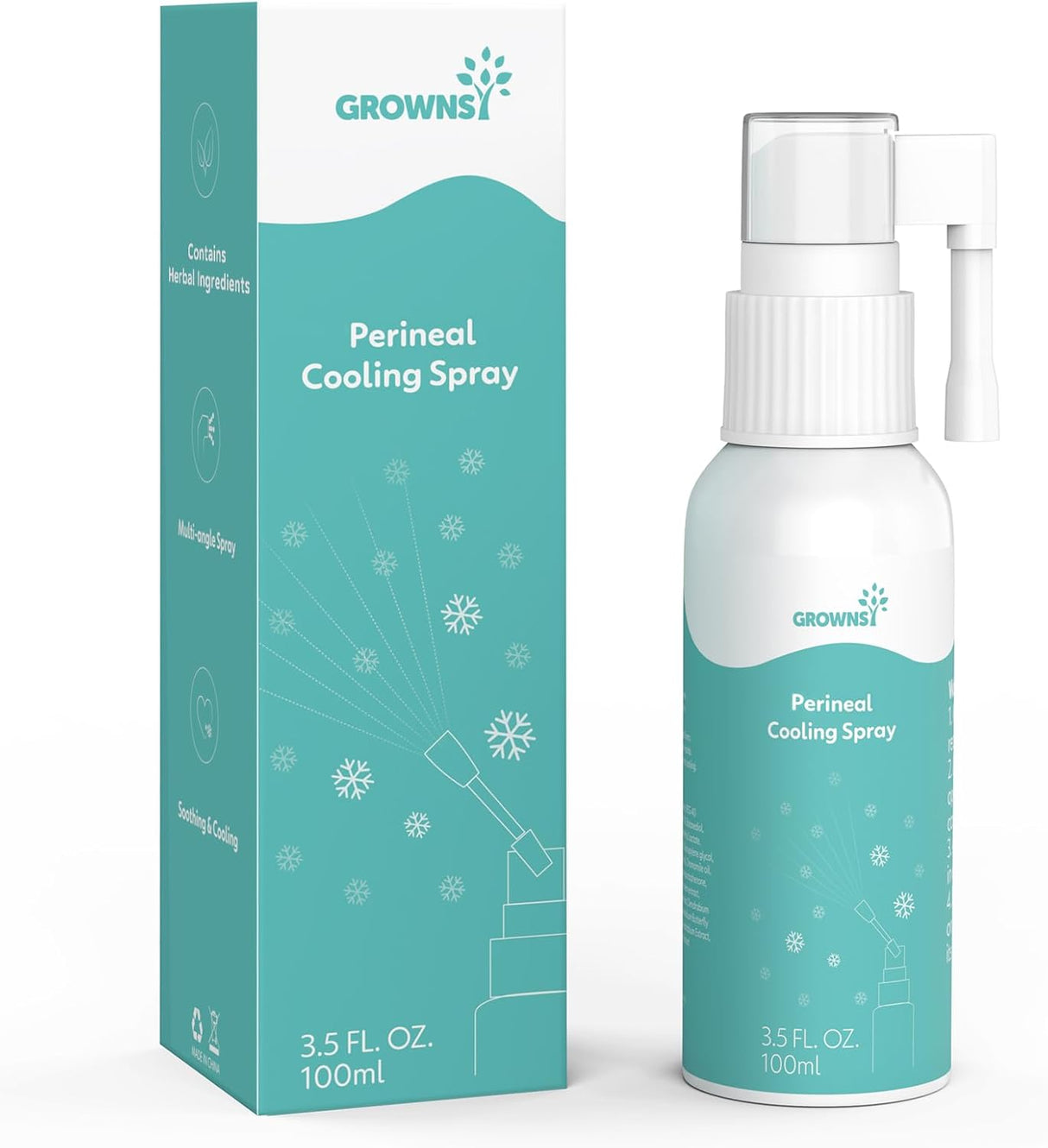GROWNSY Perineal Cooling Spray bottle and packaging, 3.5 FL. OZ. 100ml, featuring snowflake graphics and 360 non-stop spray.