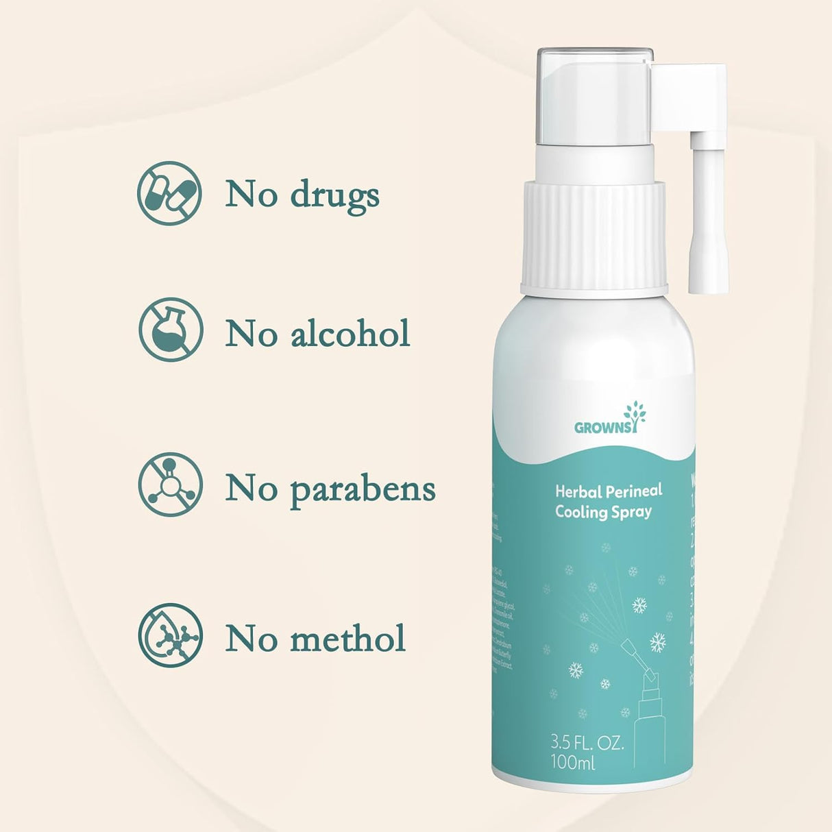 GROWNSY Herbal Perineal Cooling Spray bottle highlighting safe ingredients: no drugs, alcohol, parabens, or menthol.