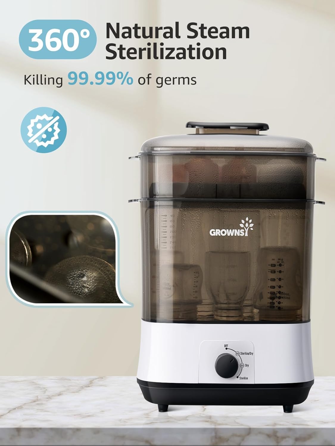 Grownsy PureMax sterilizer with 360° natural steam killing 99.99% of germs, dual-tier capacity for bottles and accessories.
