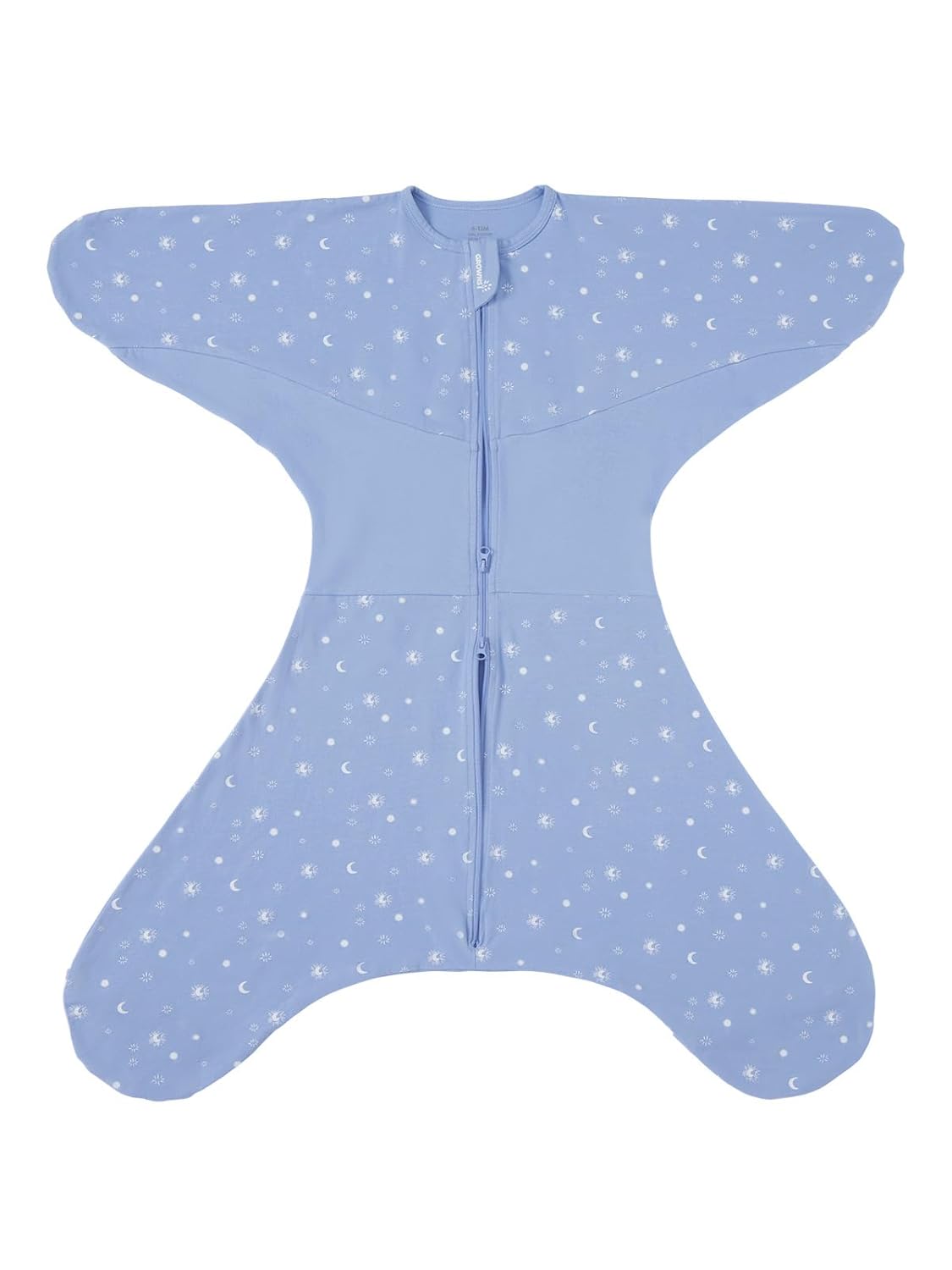 Blue cotton baby swaddle, 3-6m, starfish print. Dual zip, aids hip growth, calms startle reflex.