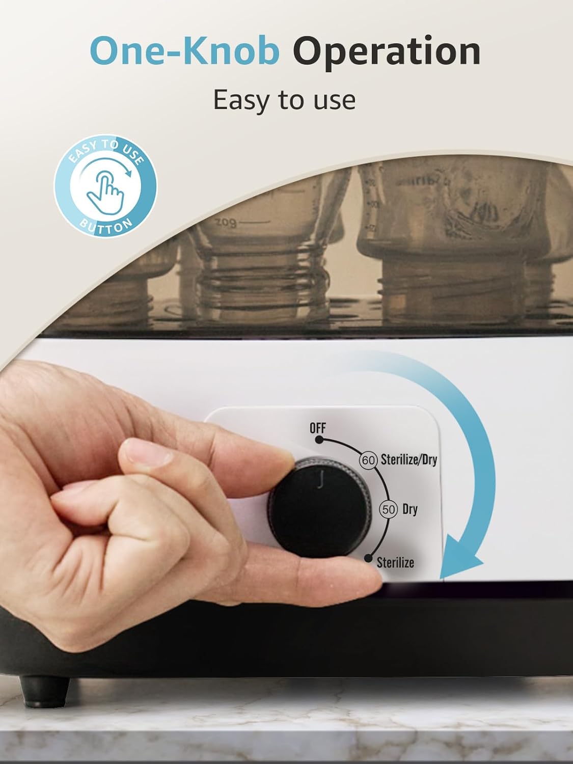 Grownsy PureMax sterilizer: Hand turning dial for easy one-knob operation. Sterilize, Dry, or Sterilize/Dry baby bottles.