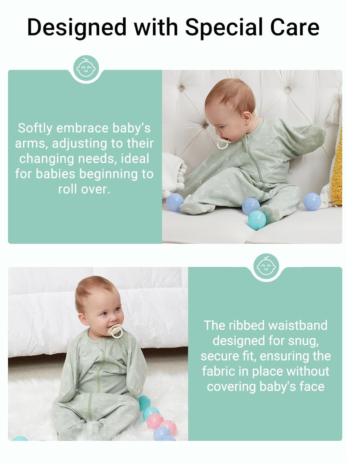 Pale green cotton swaddle sack, 3-6 mo, starfish design. Features arm embrace & secure waistband for baby comfort.