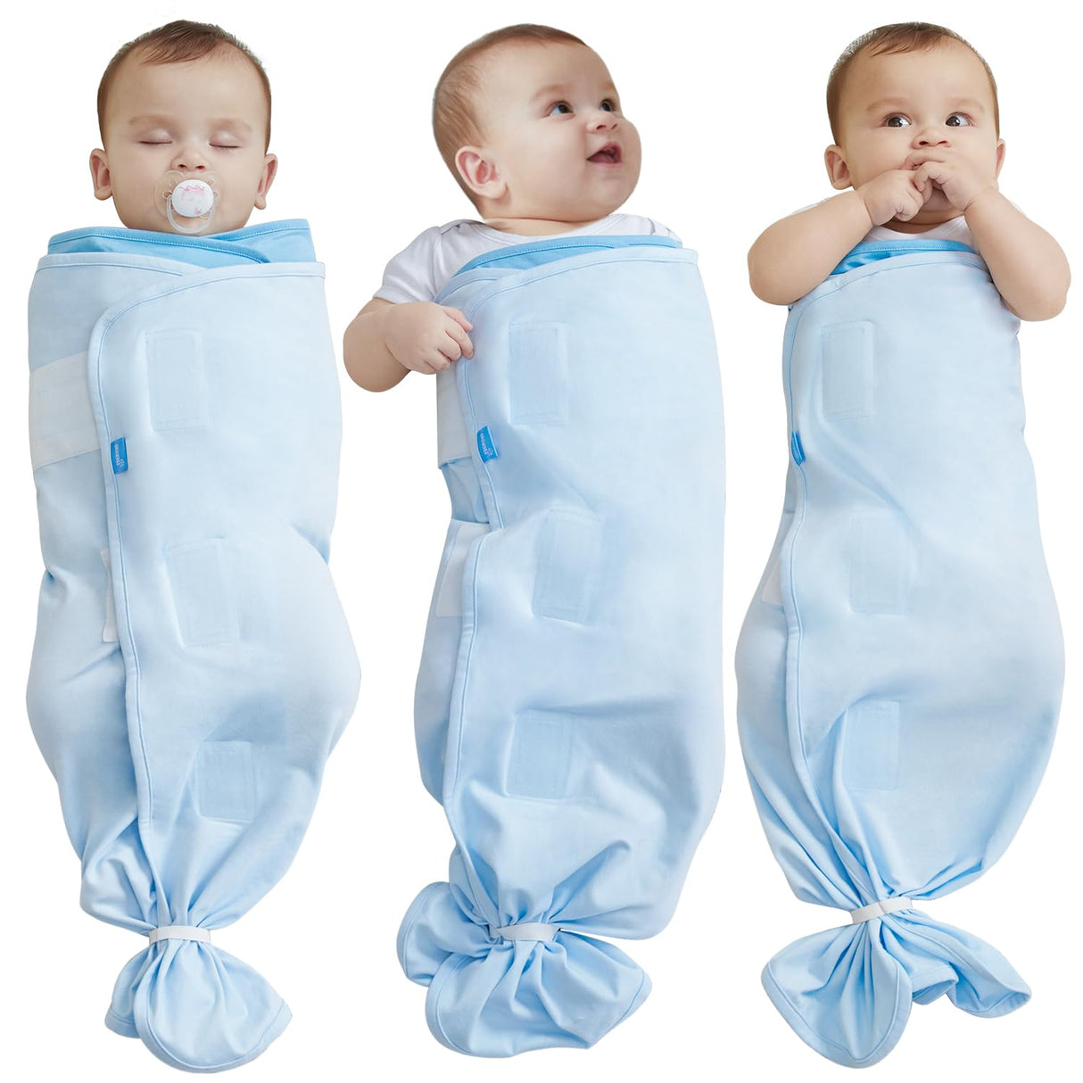 Three babies in cotton swaddle sacks, showcasing adjustable fit and comfort for newborns 0-6 months.