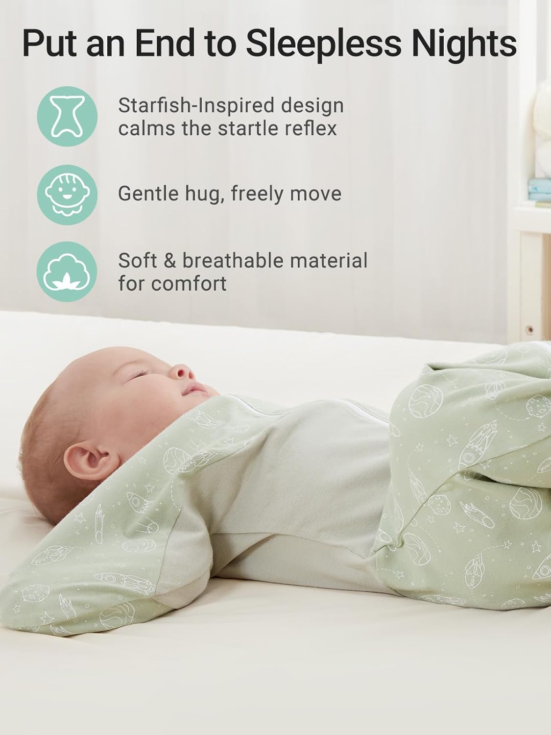Baby in green cotton starfish swaddle sack, 3-6 mo. Calms startle reflex, promotes sleep. Dual zip for easy changes.