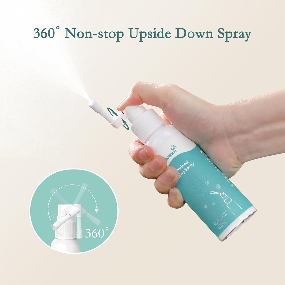 GROWNSY Perineal Cooling Spray demonstrates 360° non-stop upside-down spray feature. Postpartum relief.