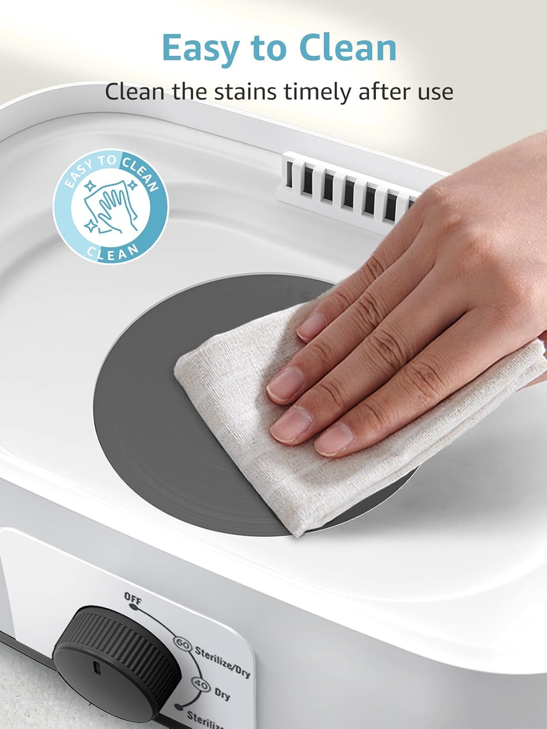 Hand cleaning Grownsy PureMax sterilizer interior. Shows 'Easy to Clean' feature and control dial.