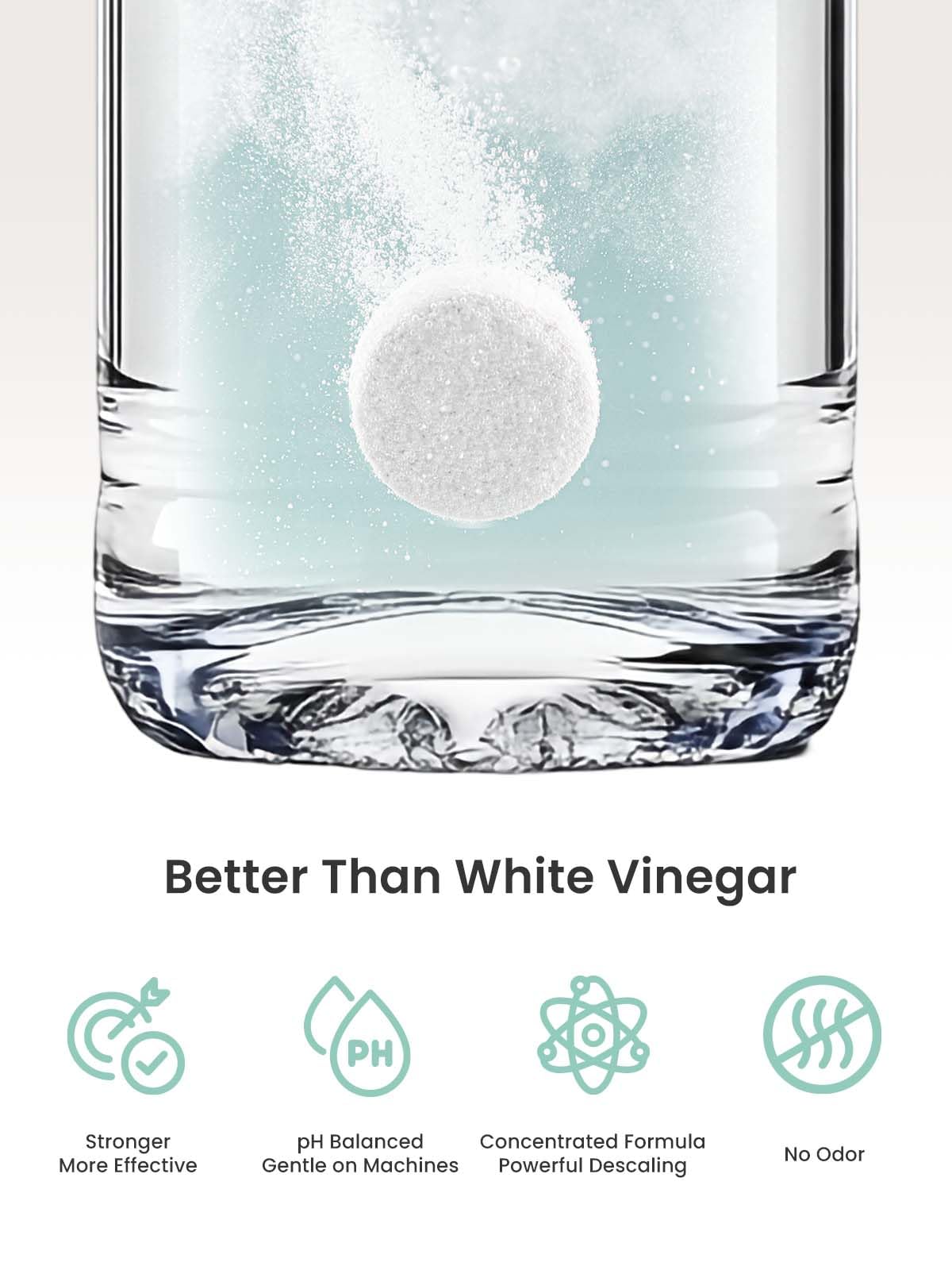 GROWNSY descaling tablet dissolving in water, highlighting its effectiveness and gentle formula for baby feeding machines.