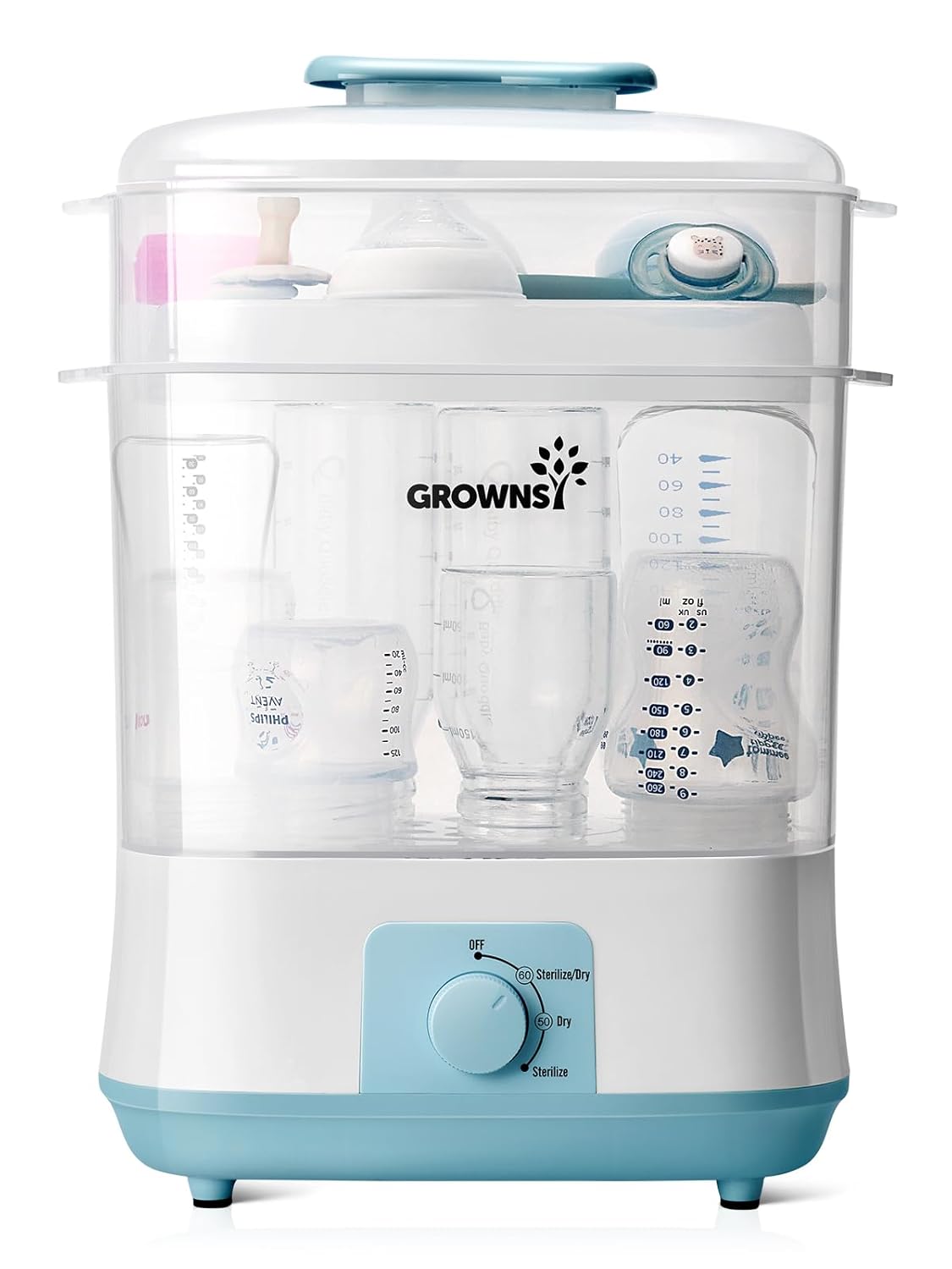 Grownsy PureMax sterilizer large capacity holding baby bottles, pacifier, and nipple for efficient baby care.