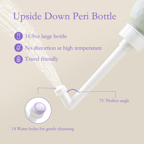 GROWNSY upside down peri bottle features 16.9oz capacity, 75° angle, and 14 water holes for gentle postpartum cleansing.