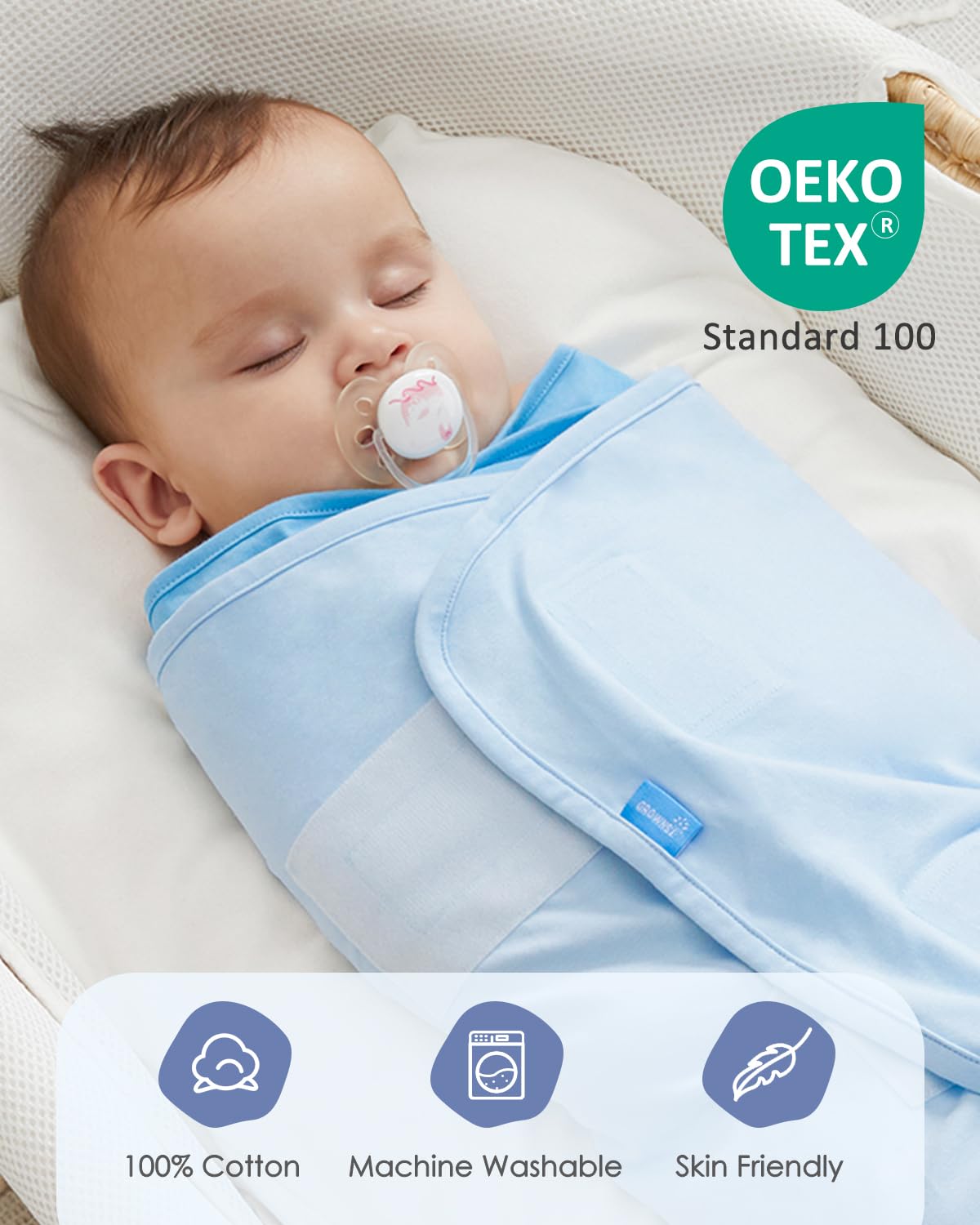 Grownsy baby in pink 100% cotton swaddle sack, Newborn to 6 months, OEKO-TEX certified.