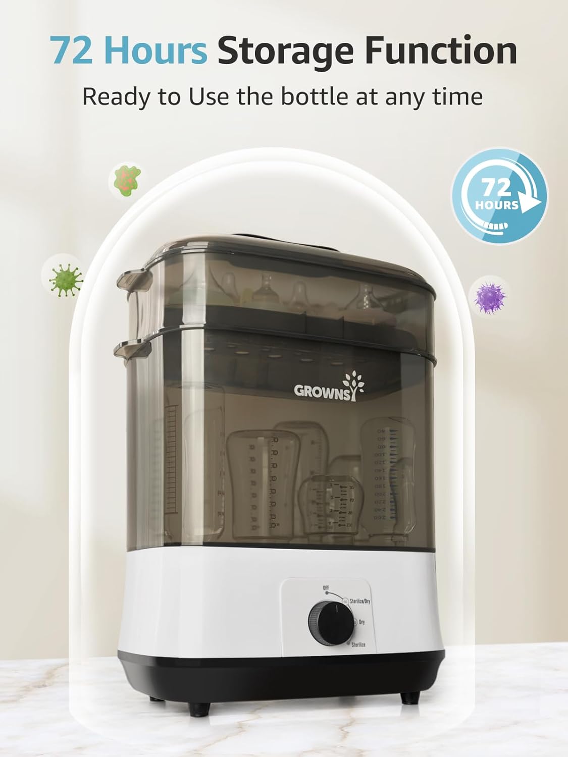 Grownsy PureMax sterilizer with dual-tier capacity holding baby bottles and showing 72 Hours Storage Function.