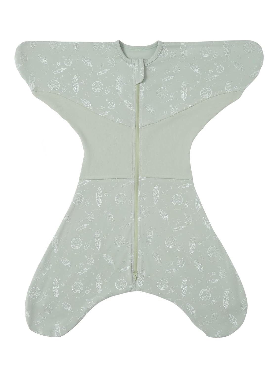 Grownsy pale green cotton baby swaddle sack with starfish design, zippered front. Transitional sleep sack for easy diaper changes.