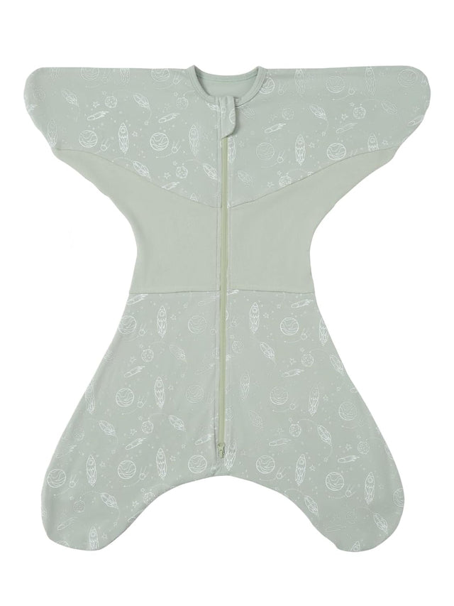 Grownsy pale green cotton baby swaddle sack with starfish design, zippered front. Transitional sleep sack for easy diaper changes.