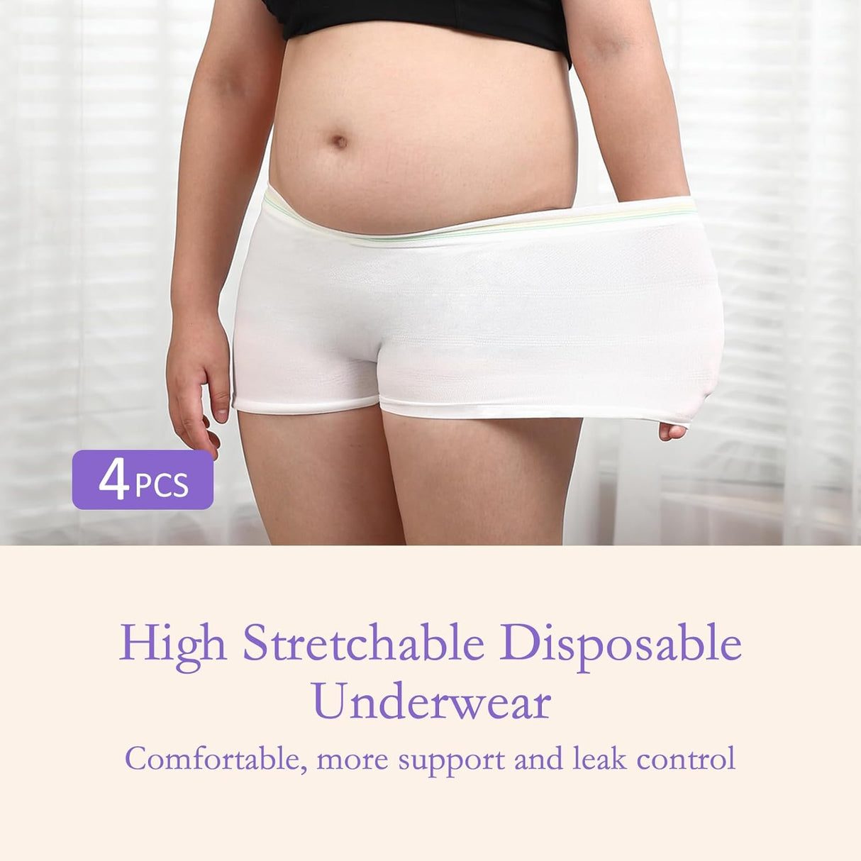 GROWNSY high stretch disposable postpartum underwear with comfortable fit and leak control. 4-piece pack shown on a woman.